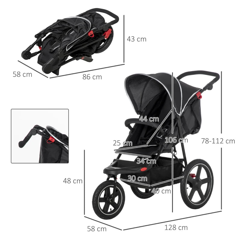 Black Foldable 3-Wheel Baby Stroller with Canopy & Storage Basket