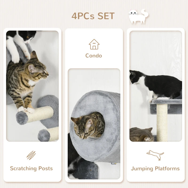 Grey Wall-Mounted Cat Tree with Steps, Perch, Cat House - 4PCs