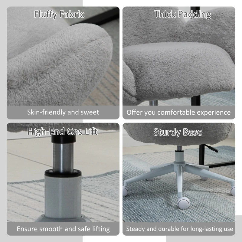 Grey Fluffy Rolling Desk Chair for Home Office or Bedroom