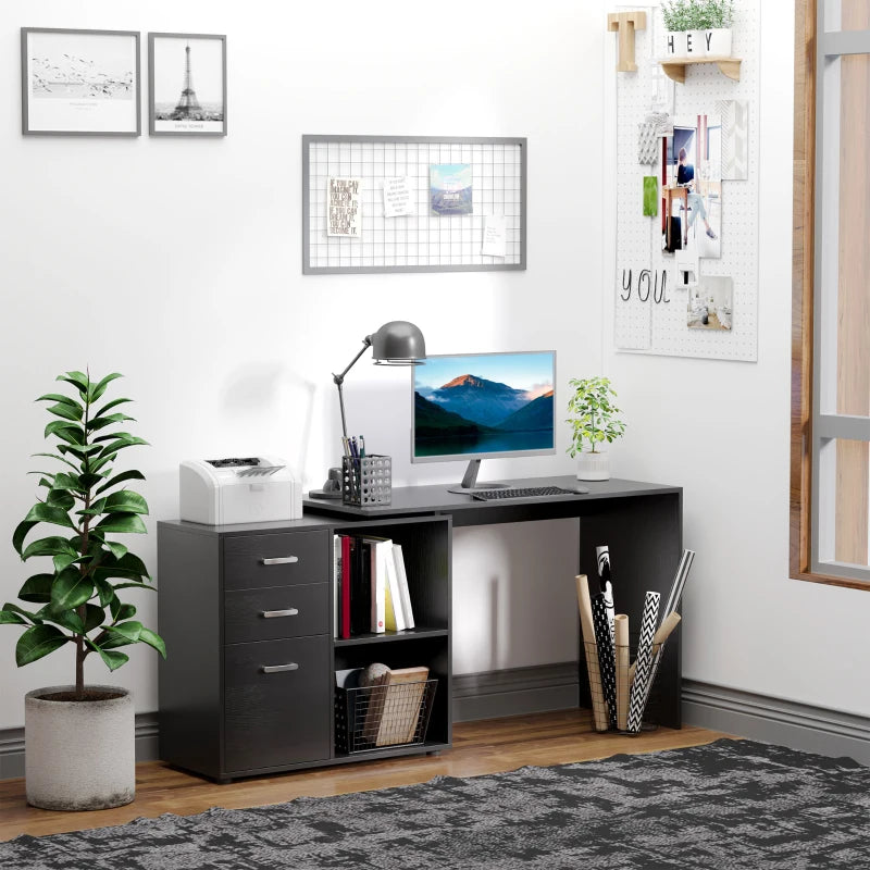 Black L-Shaped Corner Desk with Drawers and Storage Shelves