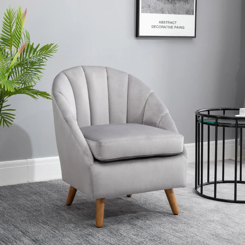 Grey Velvet Accent Armchair with Solid Wood Legs