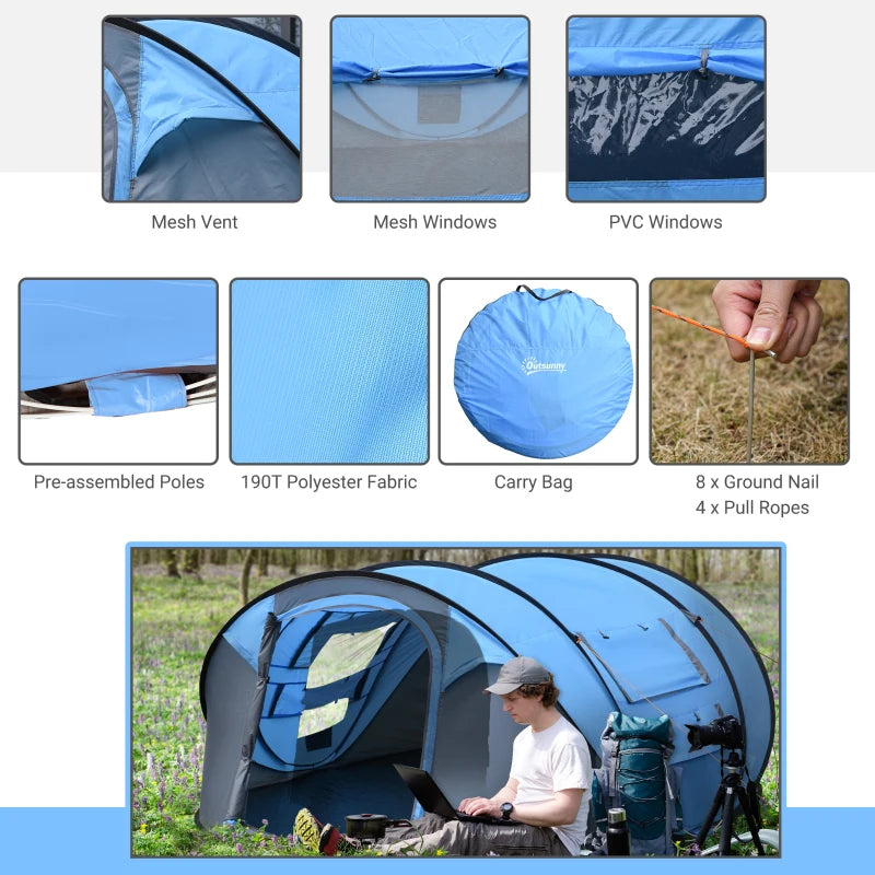 Sky Blue 4-5 Person Pop-up Waterproof Camping Tent with Windows