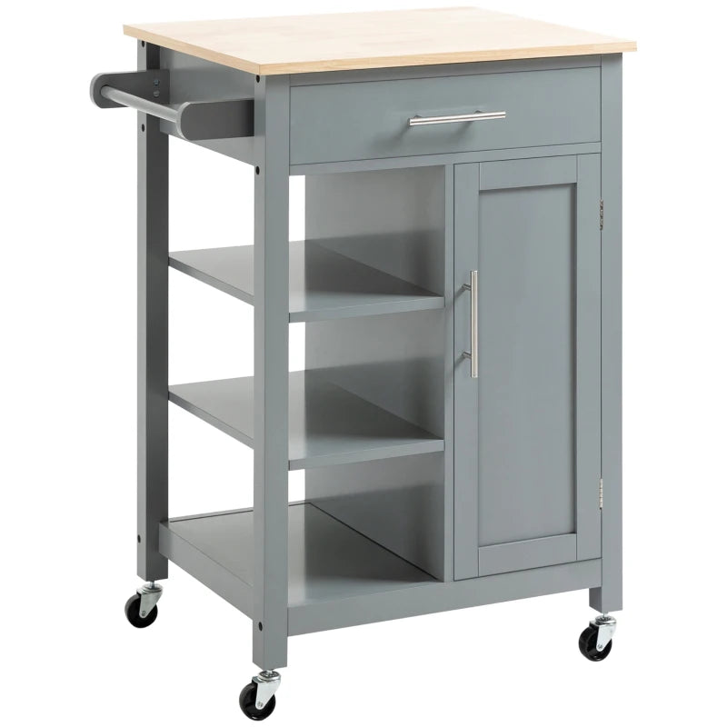 Grey Kitchen Utility Cart with Open Shelf & Drawer