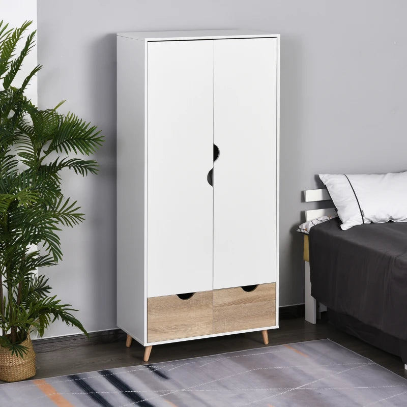 White 2-Door Wardrobe with Rail, Shelf, and Drawers - Home Storage Solution