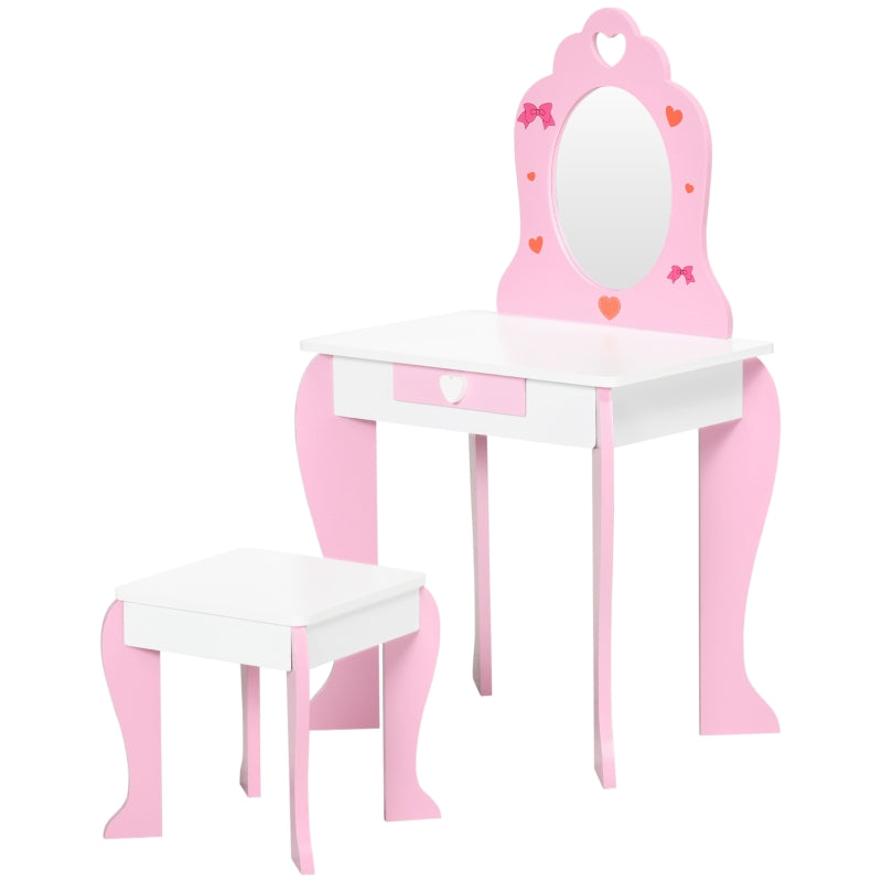 Kids Pink Dressing Table Set with Mirror, Stool, Drawer - Cute Patterns, Ages 3-6