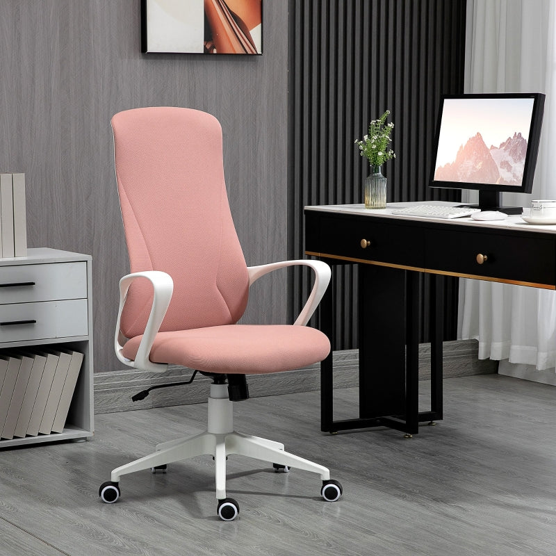 Pink Fabric High Back Office Chair with Armrests & Swivel Wheels