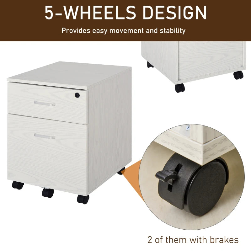 White Wood Grain 2-Drawer Locking Filing Cabinet with Wheels