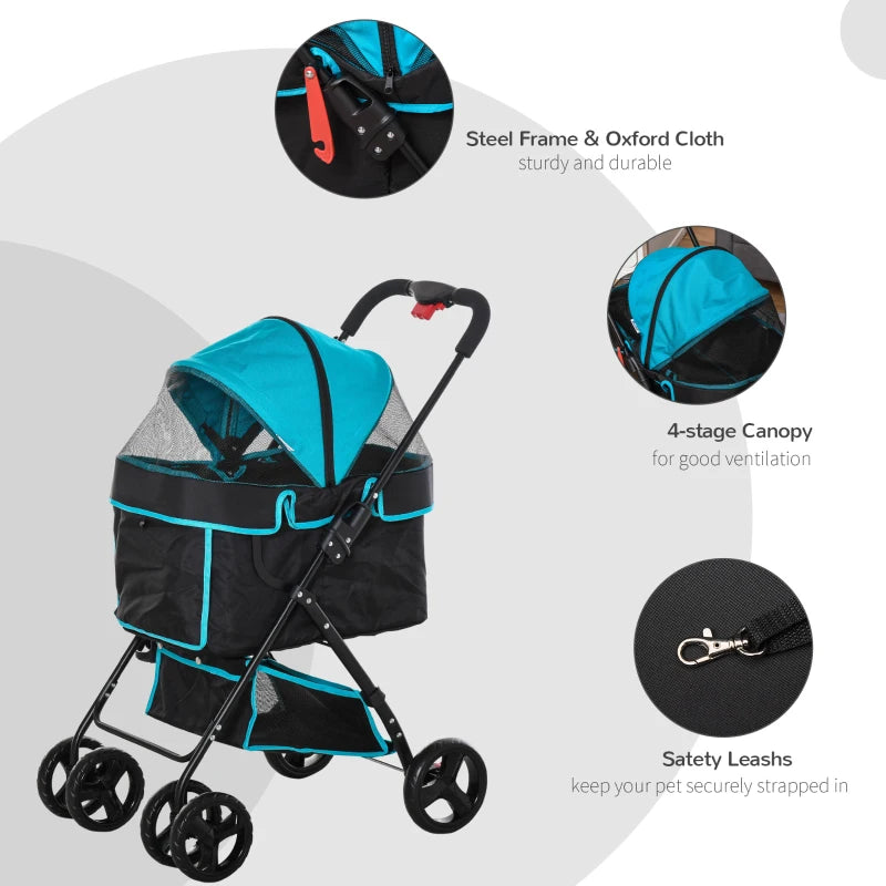 Foldable Pet Stroller with Adjustable Canopy - Blue