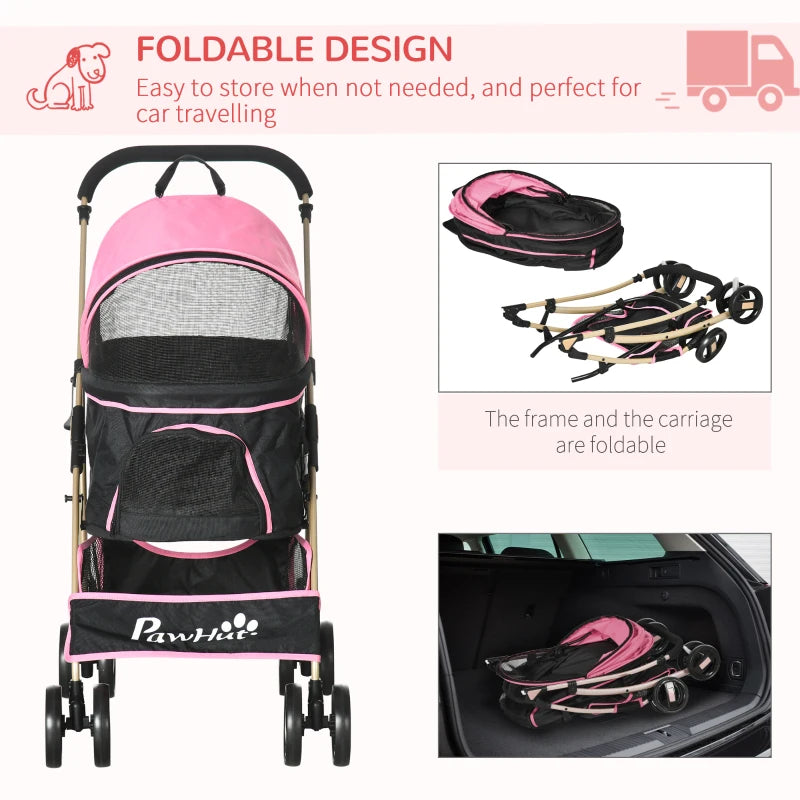 Pink Pet Stroller with Rain Cover - 3-in-1 Cat Dog Pushchair