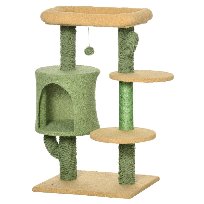 Green Cactus Cat Tree with Teddy Fleece House & Scratching Posts