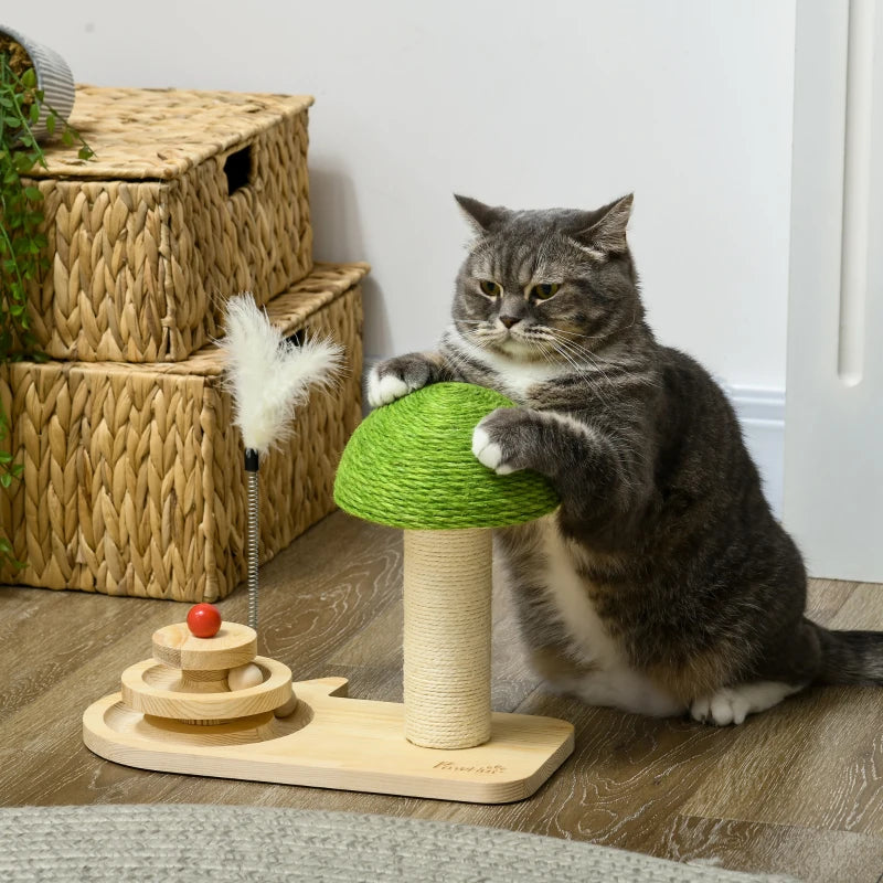 Cat Scratching Post with Toy Balls and Feather - Natural Tone