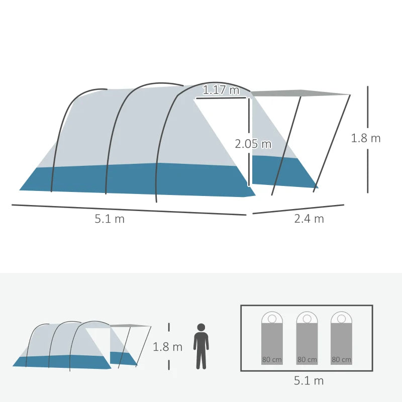 Blue 6-8 Person Tunnel Camping Tent with Bedroom, Living Room, 3 Doors