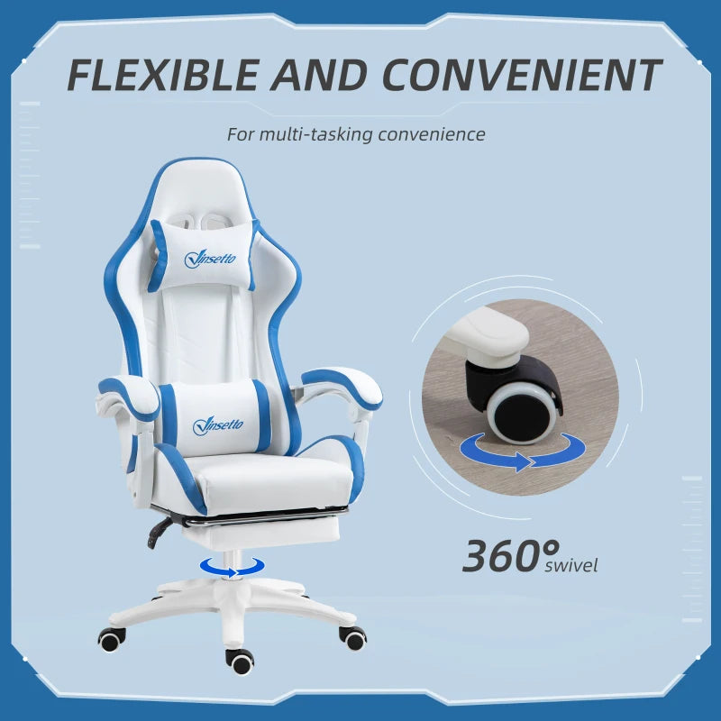 White and Blue Racing Gaming Chair with Footrest and Swivel Seat