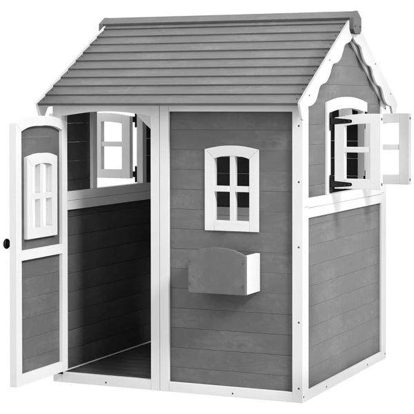 Grey Kids Wooden Playhouse with Doors, Windows, Plant Box - Ages 3-8
