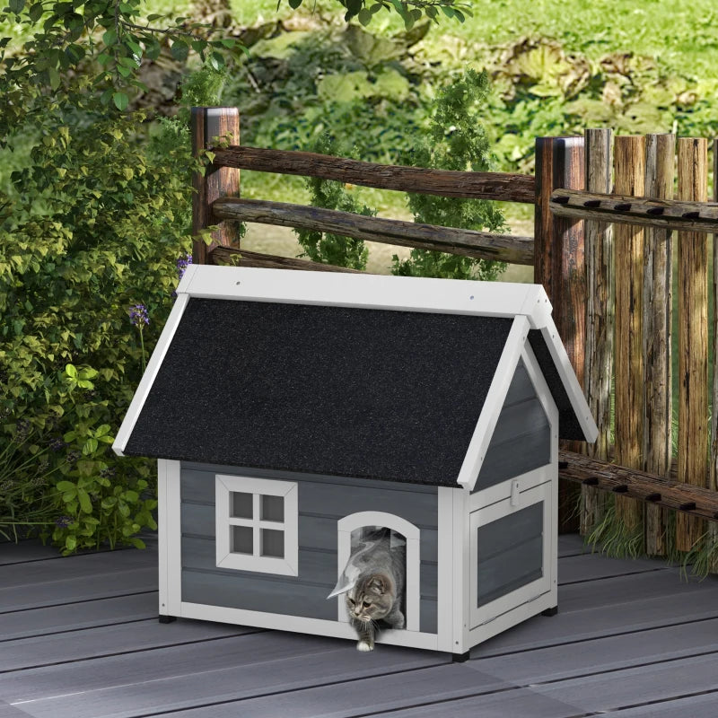 Grey Wooden Outdoor Cat Shelter with Asphalt Roof, 77x57.5x68cm