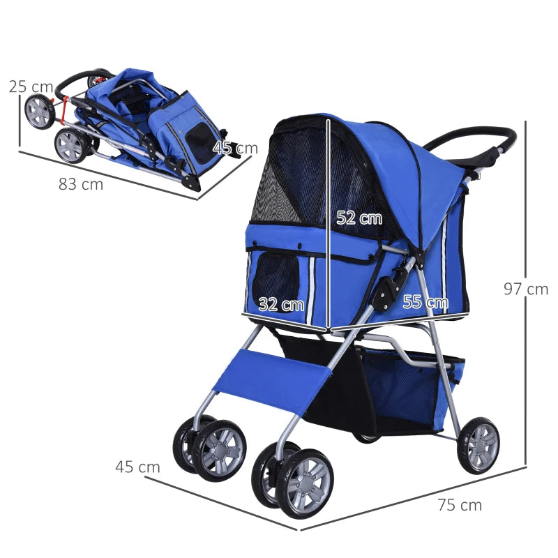 Blue Pet Stroller for Small Pets - Foldable Travel Carriage