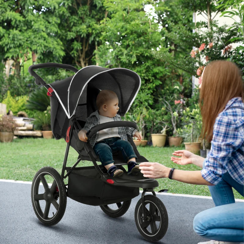 Black Foldable 3-Wheel Baby Stroller with Canopy & Storage Basket