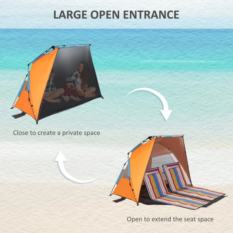 Blue Pop Up Beach Tent with Extended Porch and Mesh Windows