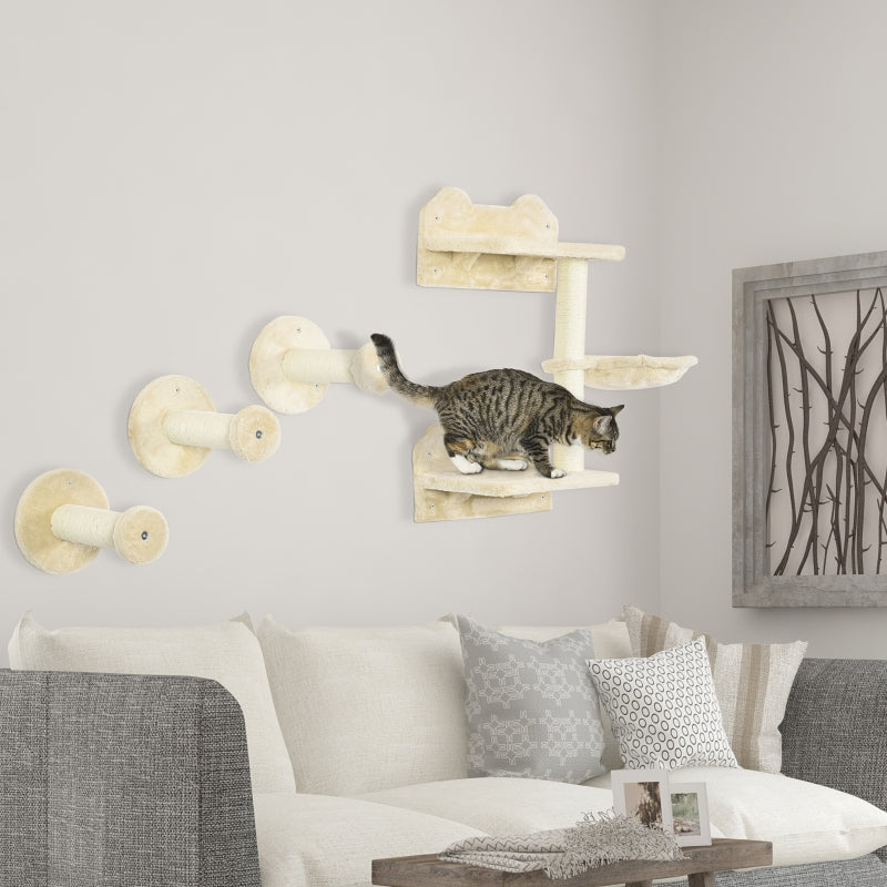 Beige Wall-Mounted Cat Tree with Scratching Post - 4 Piece Cat Shelf