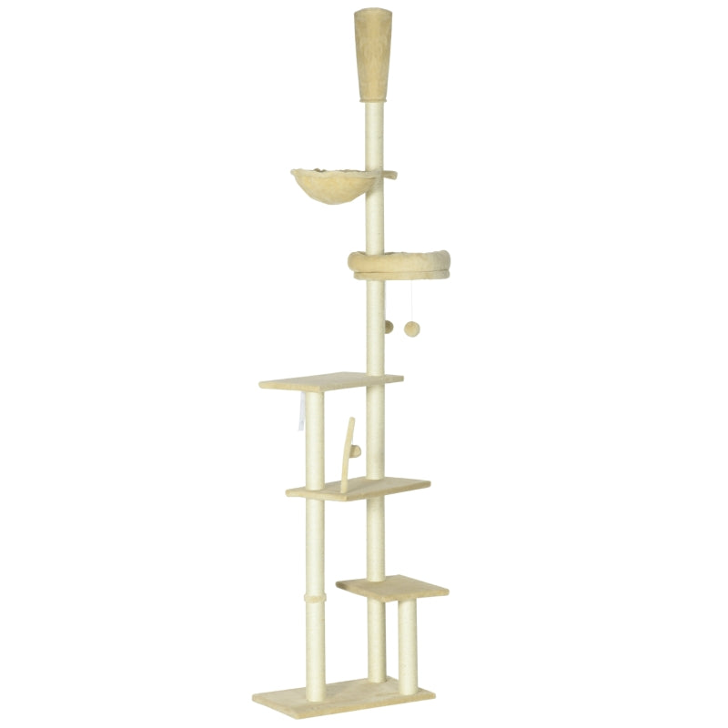 Beige 6-Tier Floor to Ceiling Cat Tree with Scratching Post and Hammock