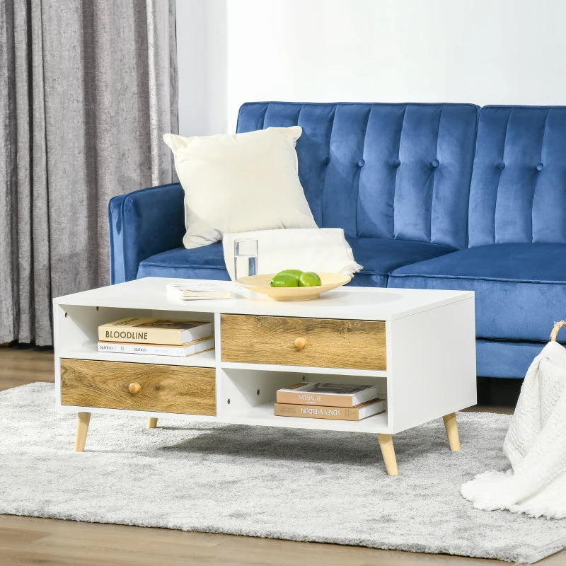 Rectangular White and Brown Coffee Table with Drawers and Shelves