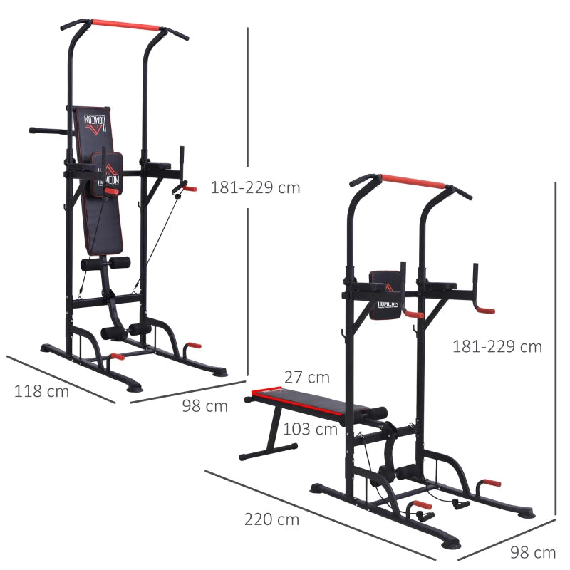 Black Multifunction Home Workout Power Tower with Sit-up Bench and Push-up Bars