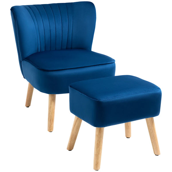 Dark Blue Velvet Accent Chair with Ottoman - Curved Back Tub Seat