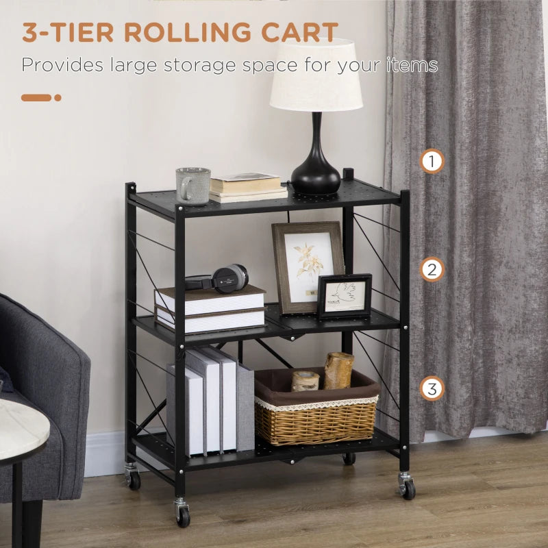 Black 3-Tier Foldable Storage Trolley Cart - Kitchen, Living Room, Bathroom - 68 x 34.5 x 85.5 cm