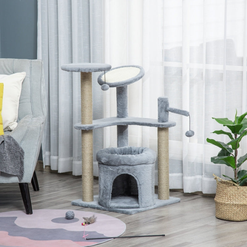 Grey Cat Tree Tower with Scratching Posts and Plush Perches