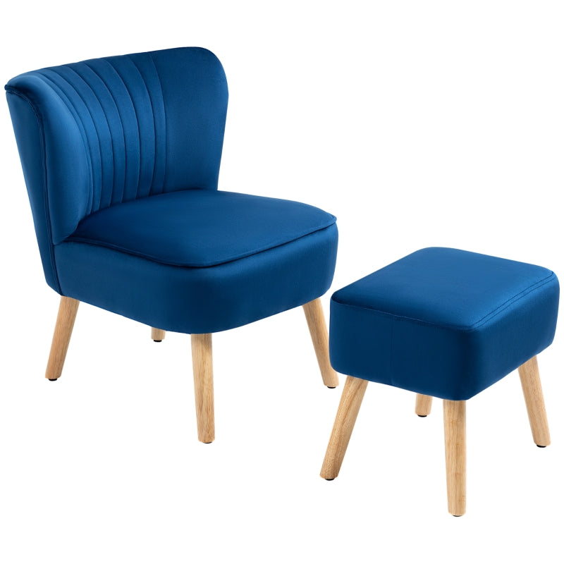 Dark Blue Velvet Accent Chair with Ottoman - Curved Back Tub Seat