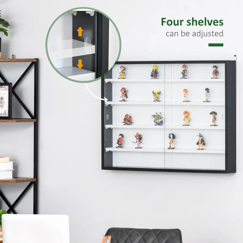 5-Tier Glass Door Wall Display Shelf - Adjustable Shelves, 60x80cm, Black/White