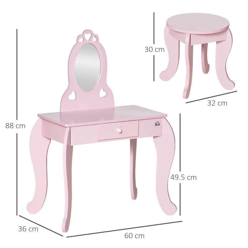 Kids Pink Vanity Table & Stool Set with Mirror - Dressing Play Desk