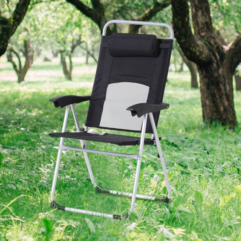 Black Folding Camping Chair with Adjustable Recliner and Pillow