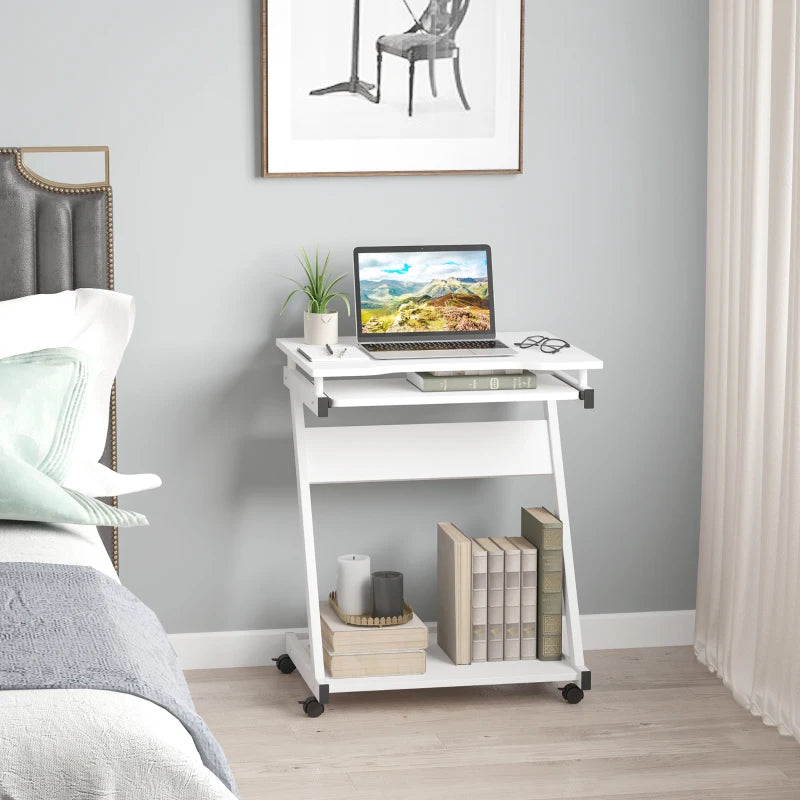 White Mobile Computer Desk with Sliding Keyboard Tray