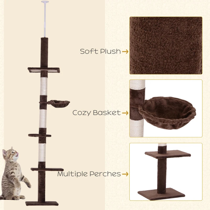 Adjustable Brown Cat Climbing Tower - 5-Tier Indoor Kitty Activity Center