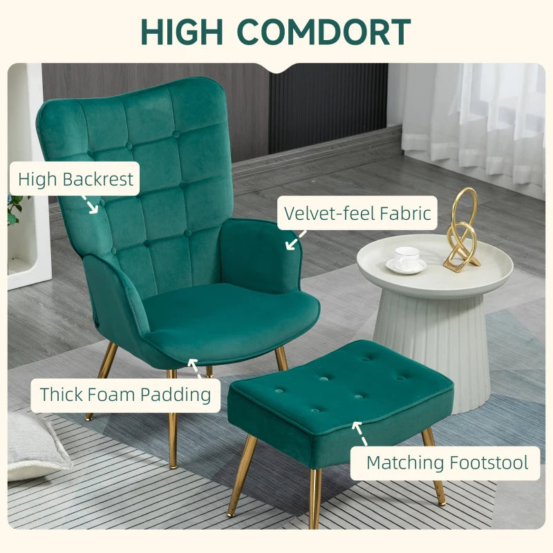 Dark Green Velvet Armchair with Ottoman and Steel Legs