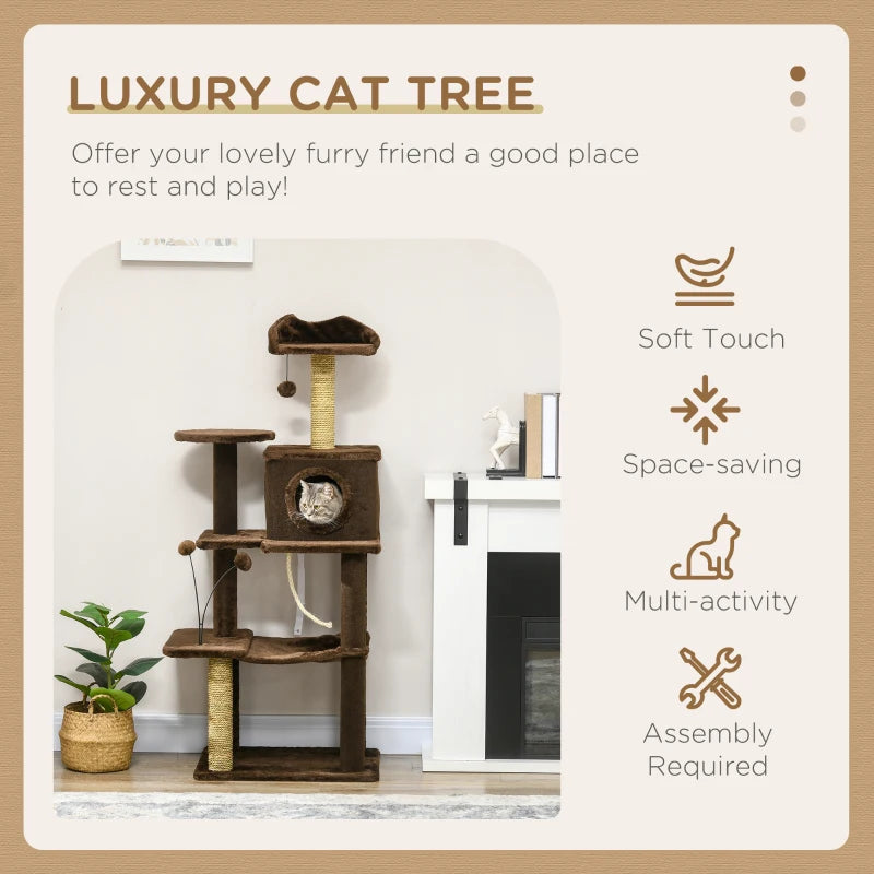 Modern Brown Cat Tree with Scratching Posts and Toy Ball