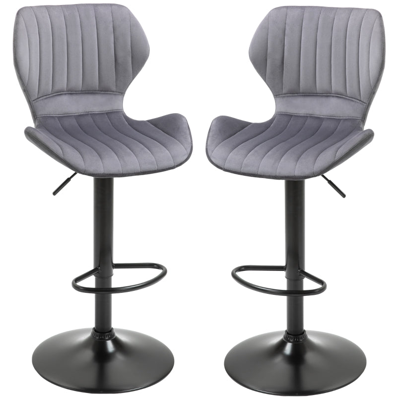 Grey Velvet Swivel Bar Stool Set of 2 - Adjustable Height Counter Chairs with Footrest