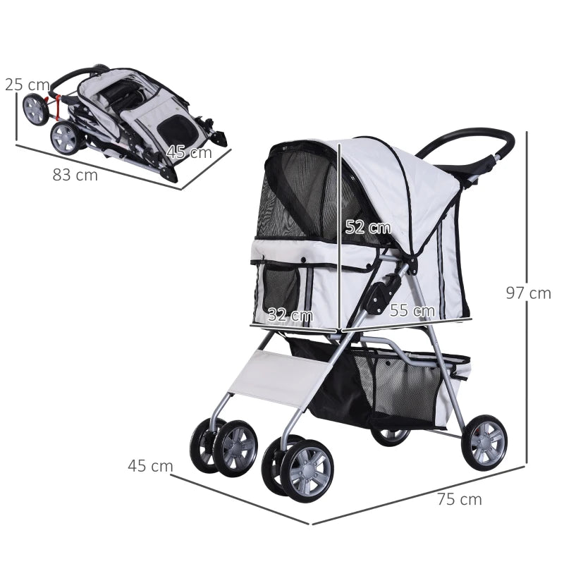 Grey Pet Stroller for Small Pets - Foldable Travel Carriage with Wheels