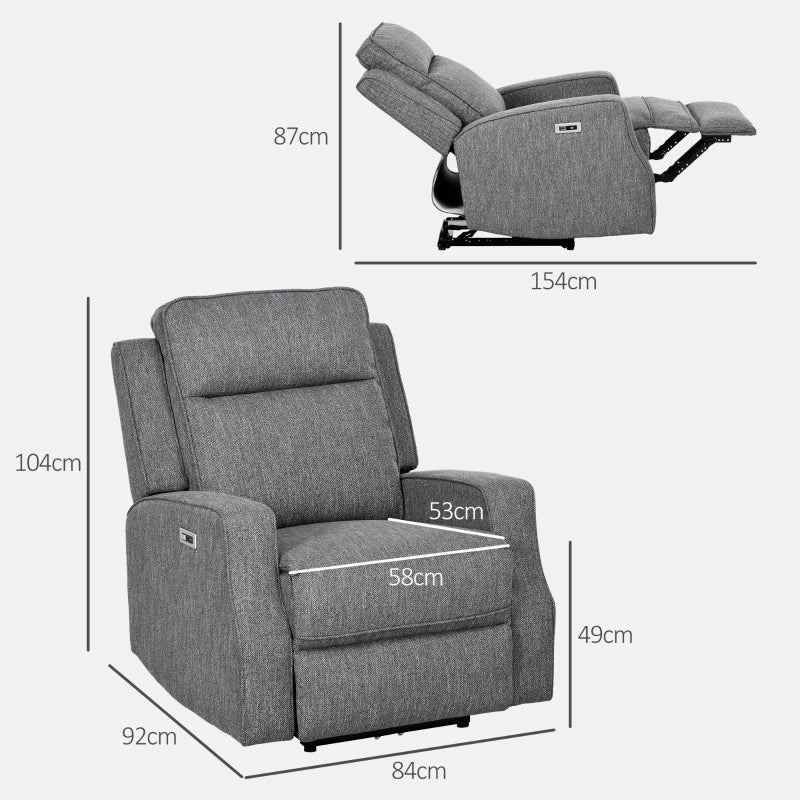 Electric Reclining Chair with USB Port and Footrest - Charcoal Grey