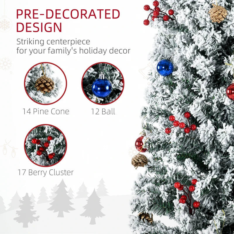 7.5' Pre-lit Flocked Christmas Tree with Warm White LED Lights, Berries, Pine Cones - Green