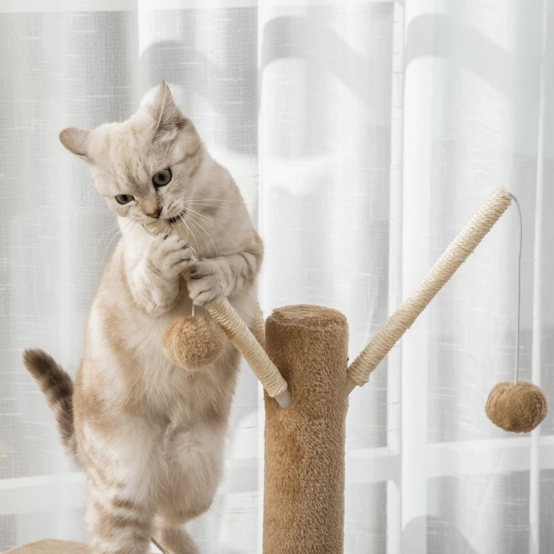 Brown Cat Tree Tower with Scratching Post & Toys - 121cm