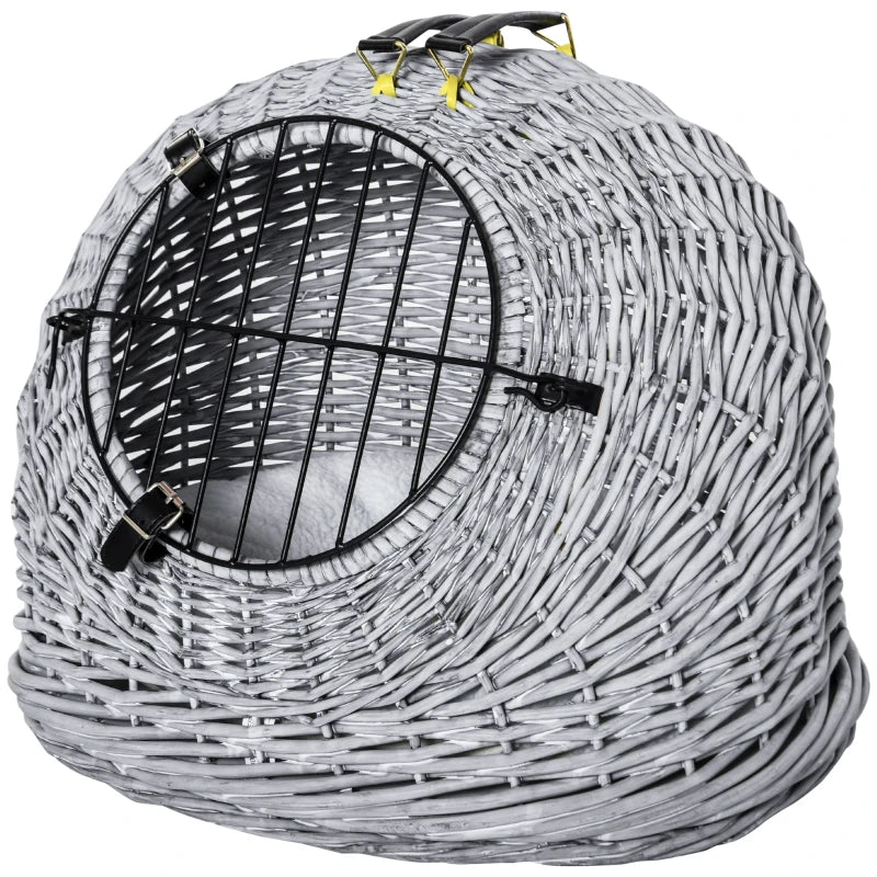 Grey Wicker Cat Travel Basket with Plush Cushion