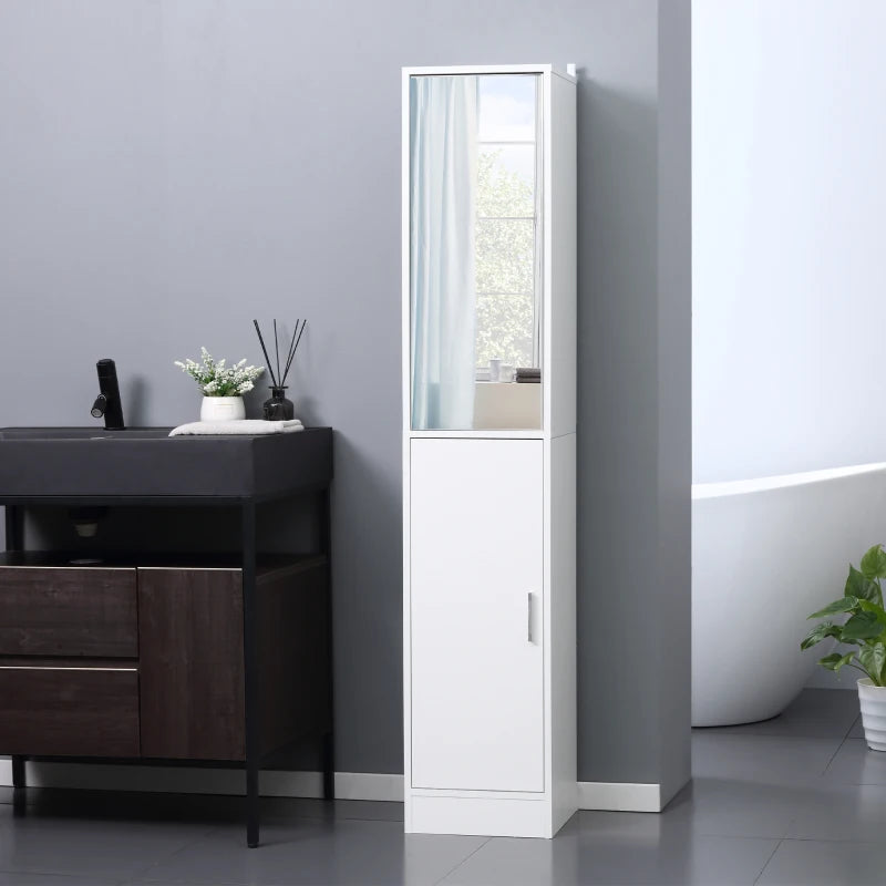 White Mirrored Tall Bathroom Storage Cabinet