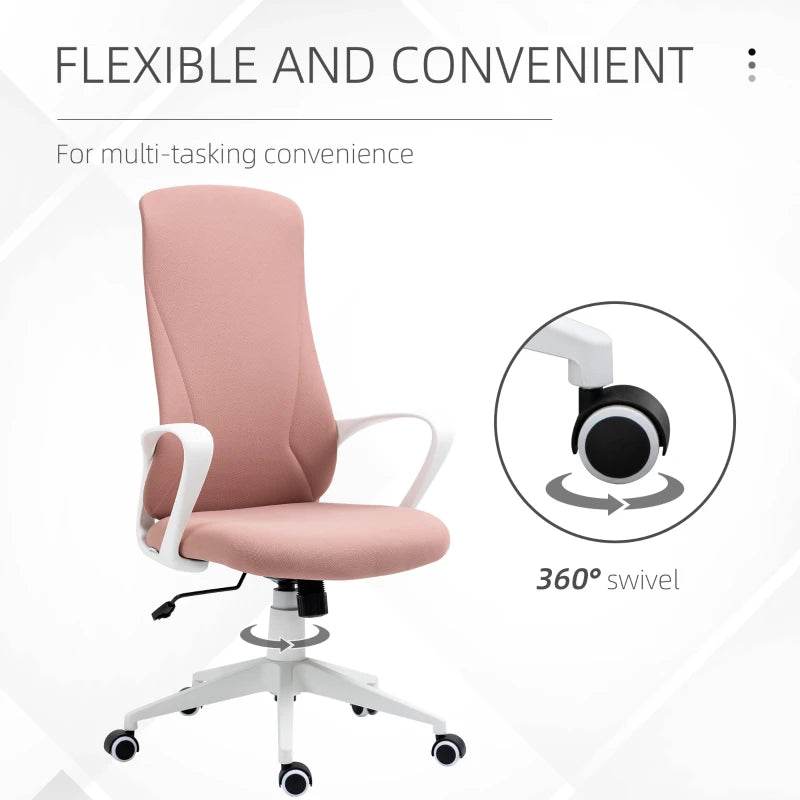 Pink Fabric High Back Office Chair with Armrests & Swivel Wheels