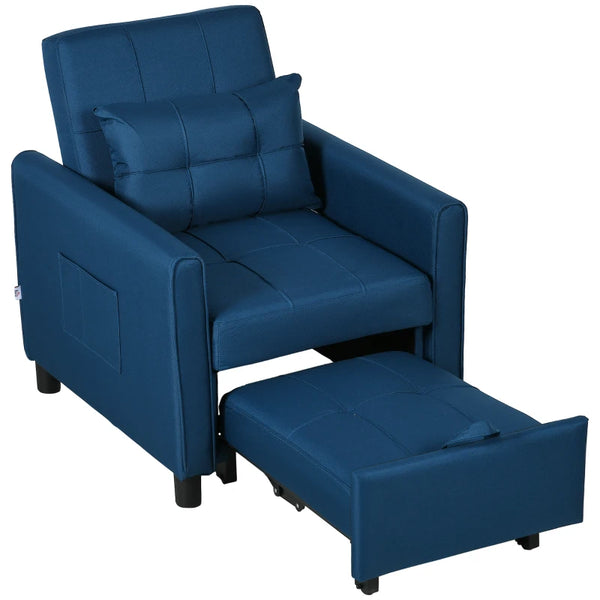 Blue Convertible Sleeper Chair with Adjustable Backrest and Side Pockets