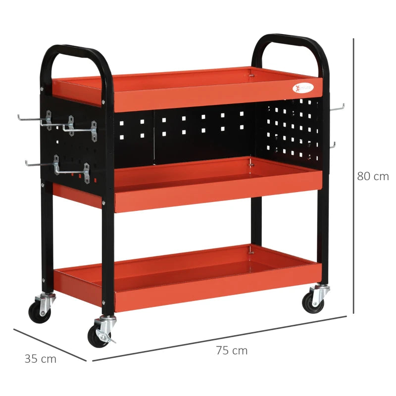 Red 3 Tier Tool Cart Storage Trolley with 10 Hooks - 100 kg Capacity