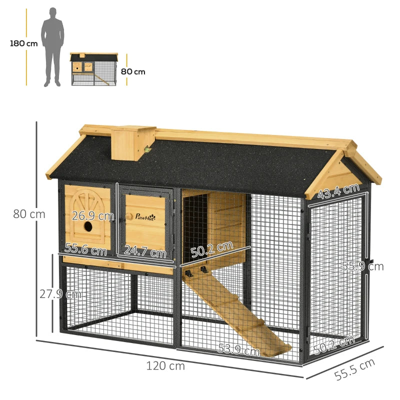 Outdoor Rabbit Hutch with Run and Asphalt Roof, 120 x 55.5 x 80cm, Grey