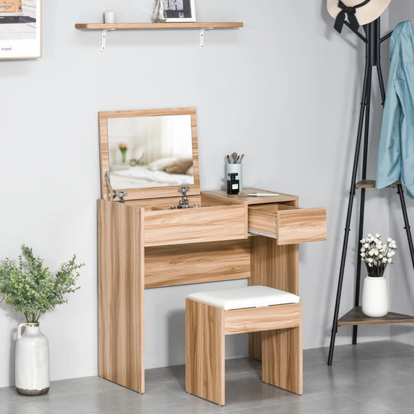 Natural Makeup Vanity Set with Mirror, Drawer, and Stool