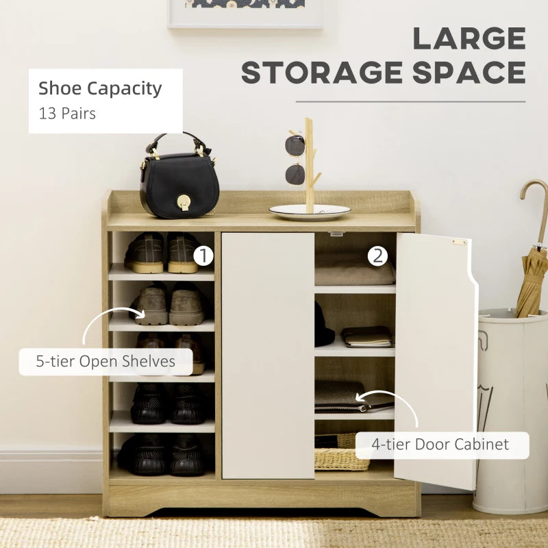 Double Door Shoe Storage Organizer - Natural & White, 13 Pair Capacity